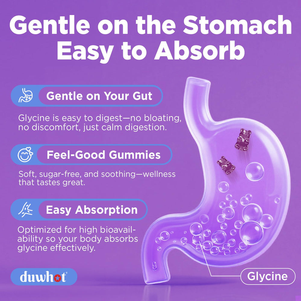Duwhot Glycine Gummies ingredient list shows gluten-free and non-GMO attributes.