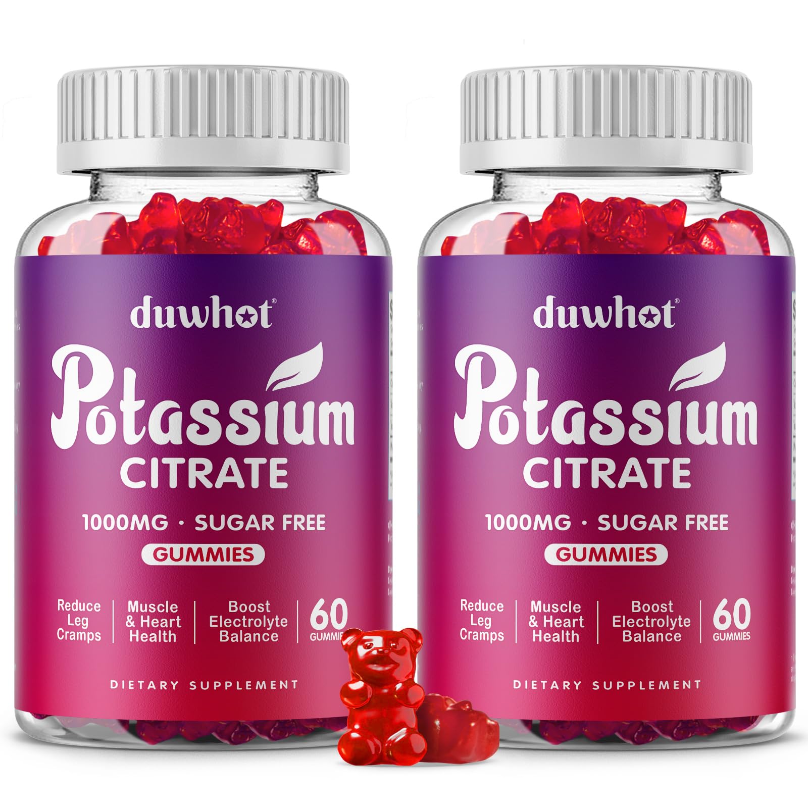 duwhot Potassium Citrate Gummies bottle showing 120 vegan chewables for daily potassium support.