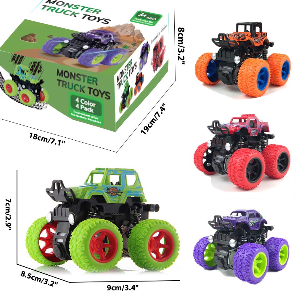 Duyfioa monster trucks four-pack side view emphasizes sturdy construction for durable play