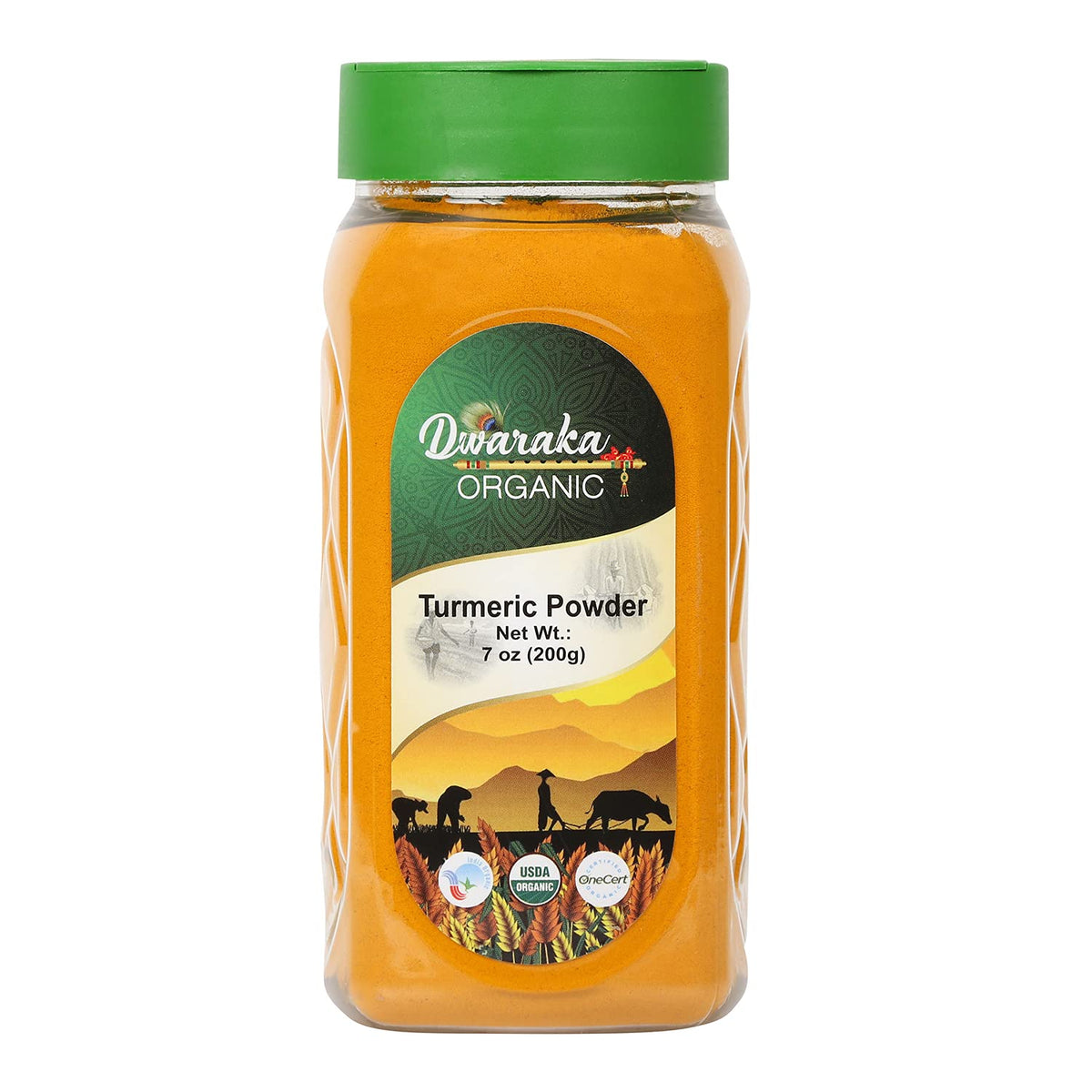 DWARAKA Organic turmeric powder packaging showcases a premium 7oz jar for pantry use.
