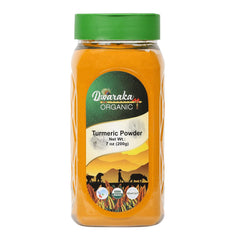 DWARAKA Organic turmeric powder packaging showcases a premium 7oz jar for pantry use.