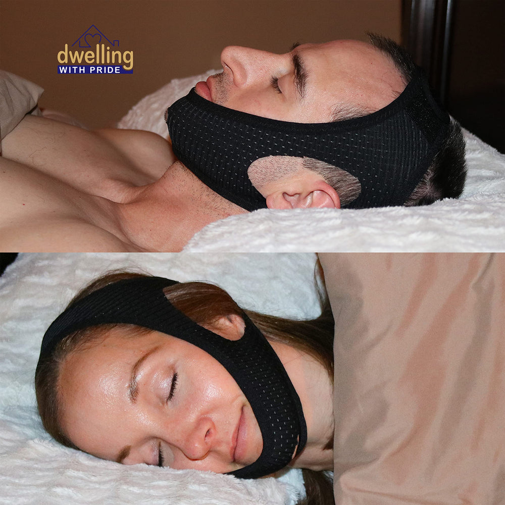 Dwelling With Pride anti-snore chin strap CPAP-compatible demonstrates mask compatibility