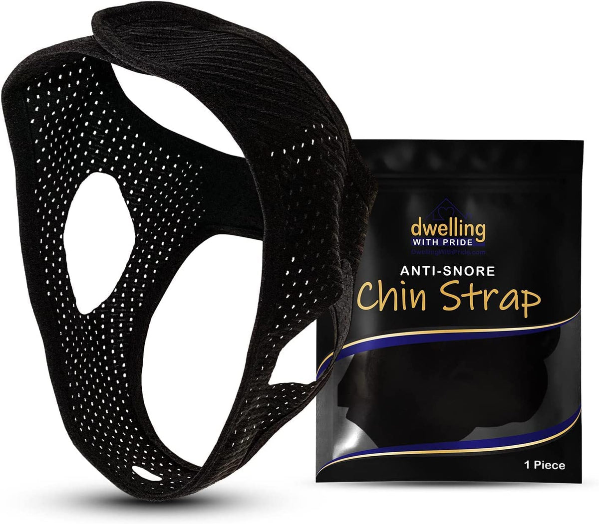 Dwelling With Pride anti-snore chin strap front view showing secure sleep fit