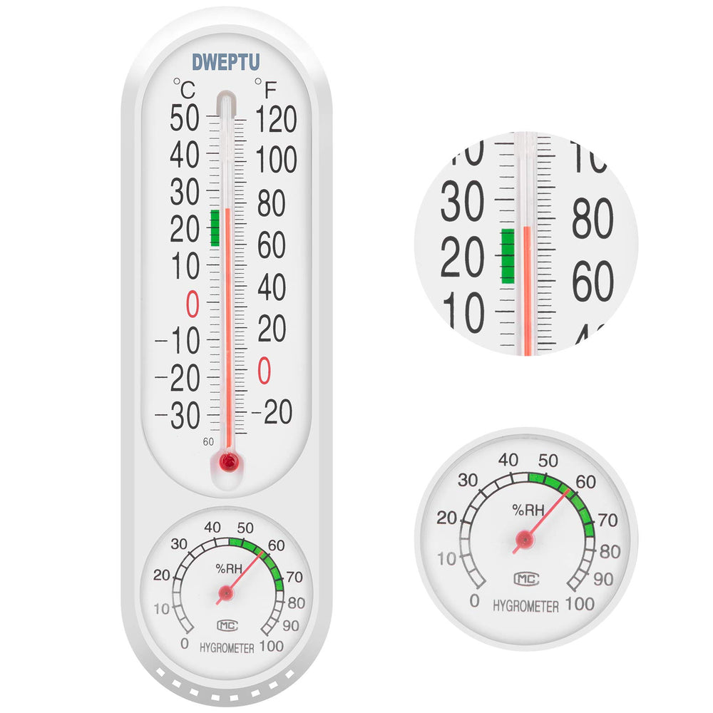 DWEPTU thermometer-hygrometer front view for patio monitoring without batteries.