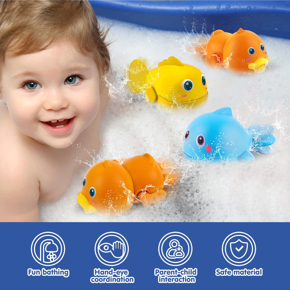 Dwi Dowellin orange wind-up duck bath toy sails across water.