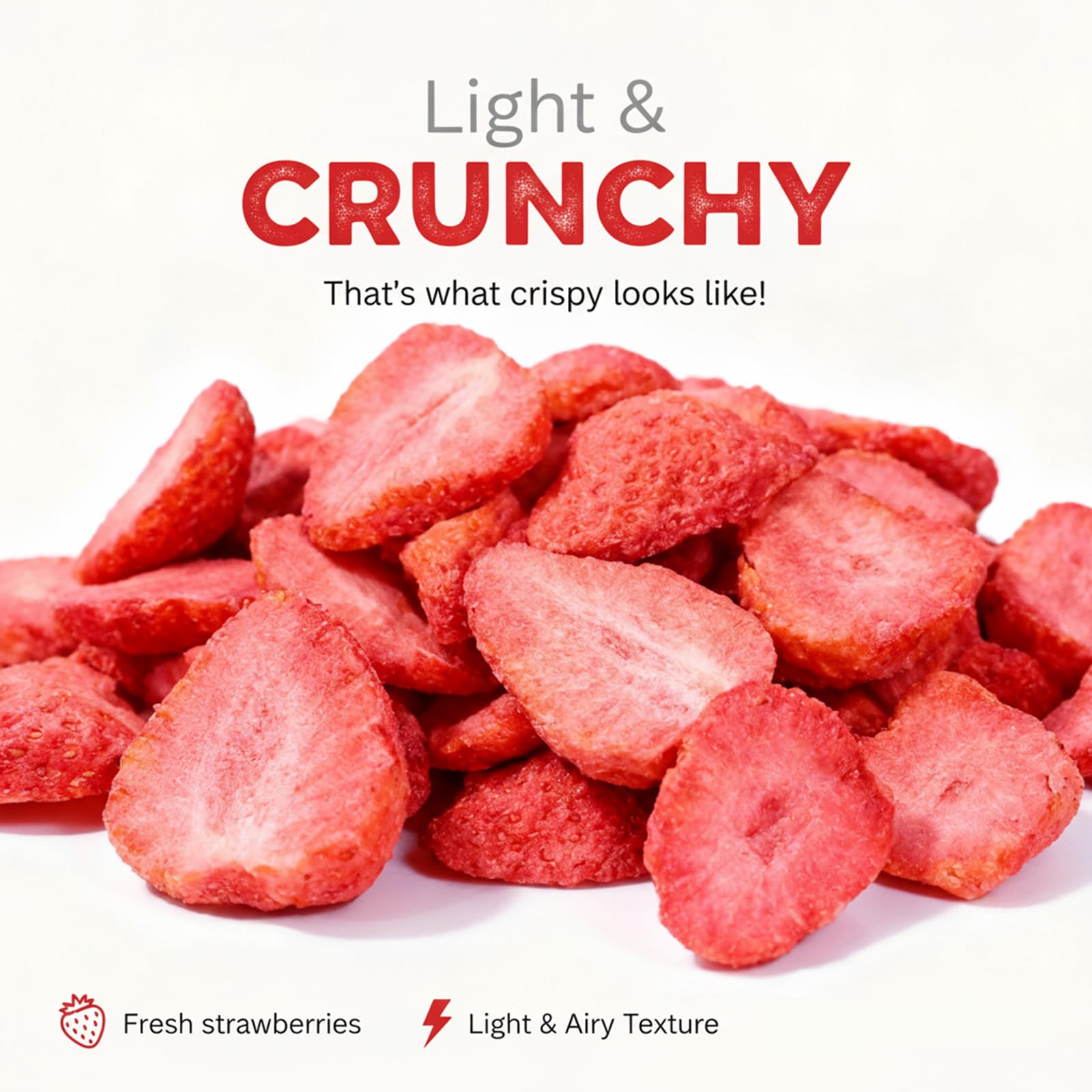 Close-up of DYBOEDYO freeze-dried strawberries slices highlighting bright aroma and light crunch.