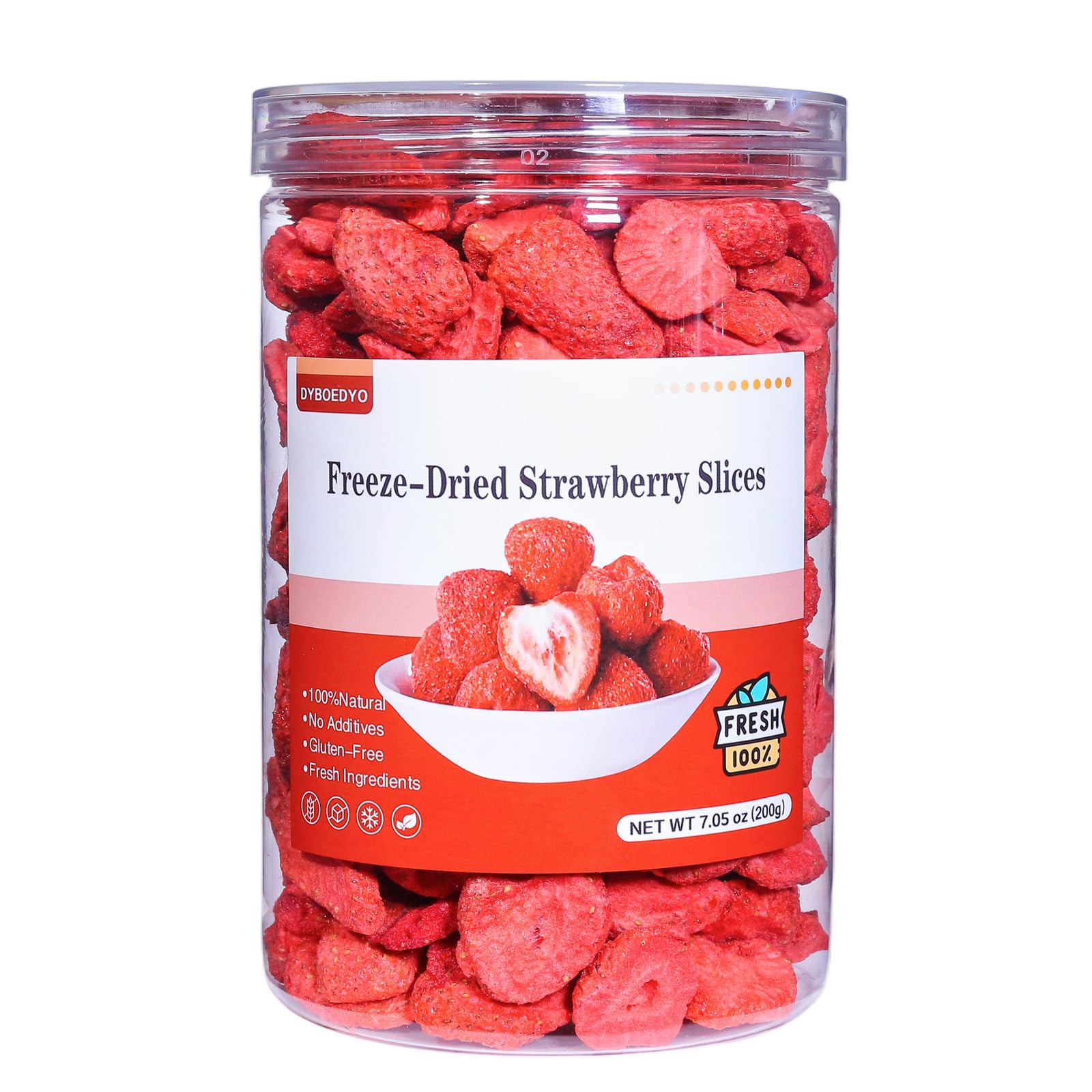 DYBOEDYO freeze-dried strawberries slices in a jar offer crisp texture for topping and snacking.
