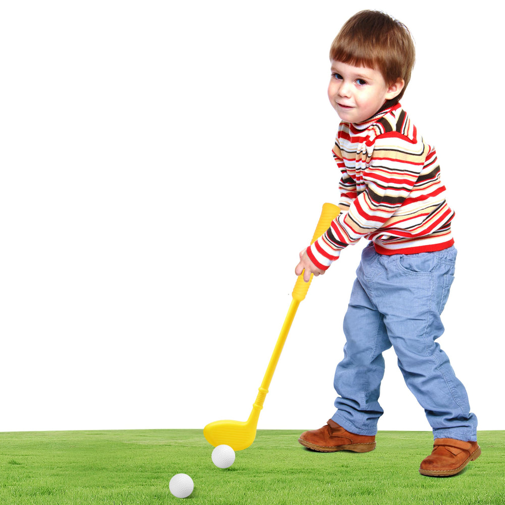 Dyienocs plastic mini golf iron aids balance during toddler play.