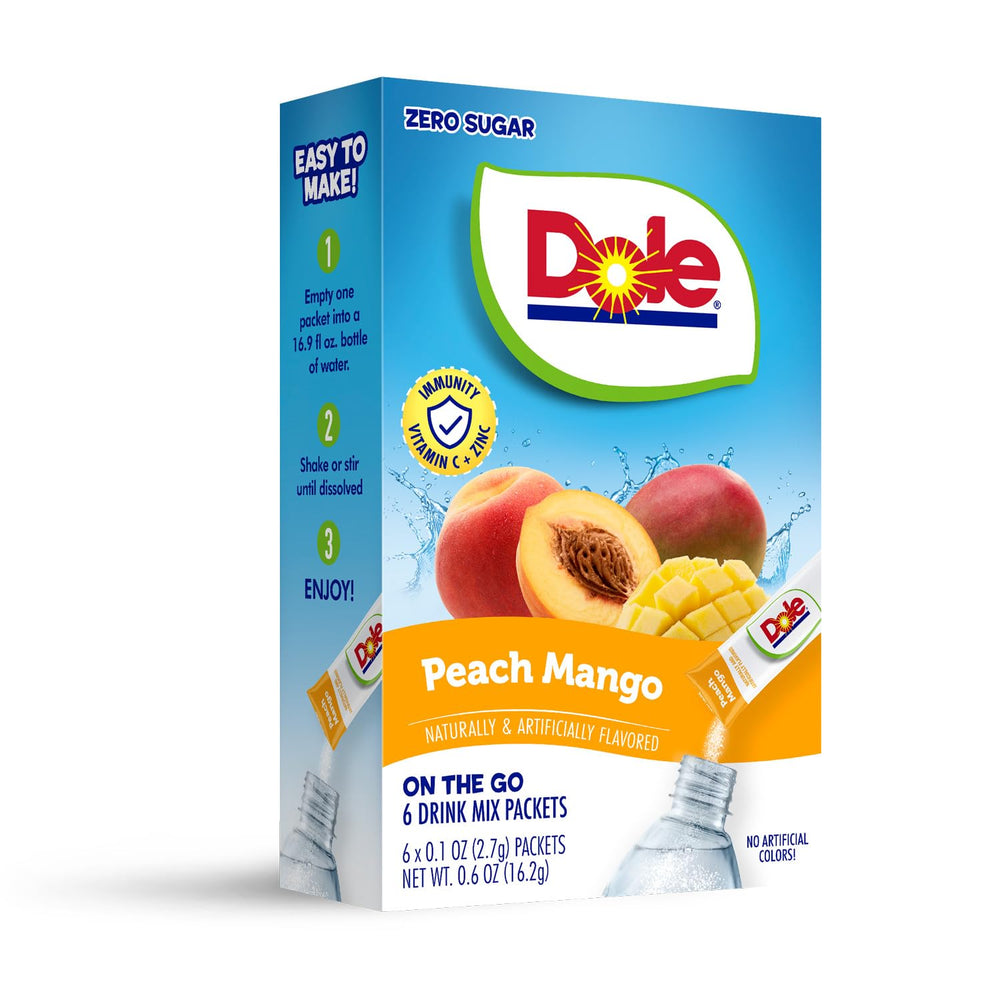 DYLA Dole Peach Mango ingredients label highlights added Vitamin C and Zinc.