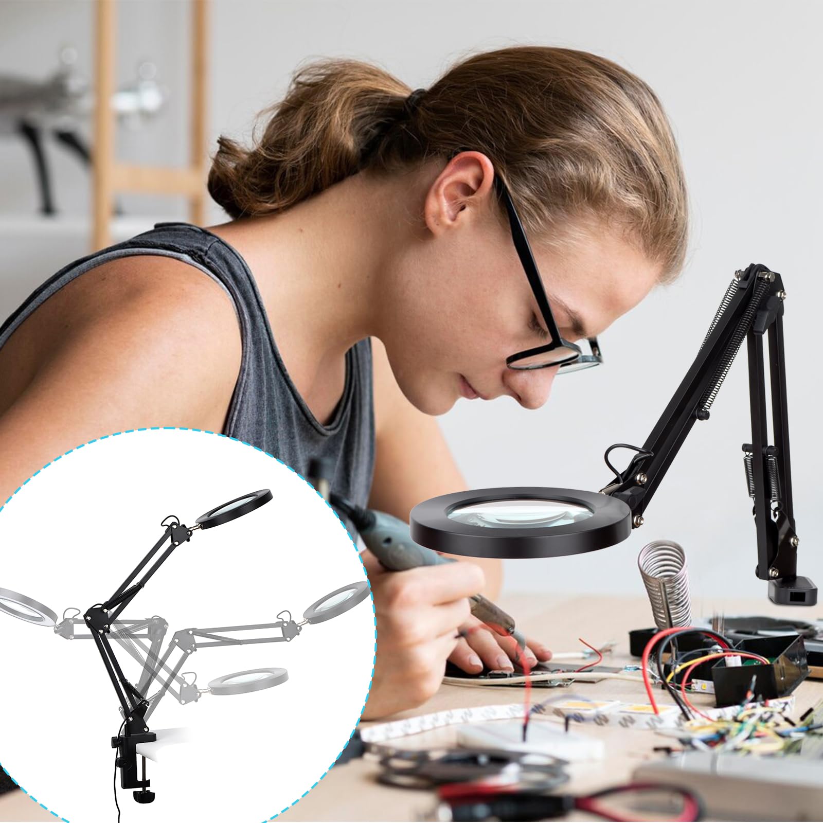 Dylviw magnifier lamp clamp securing to a desk for flexible use