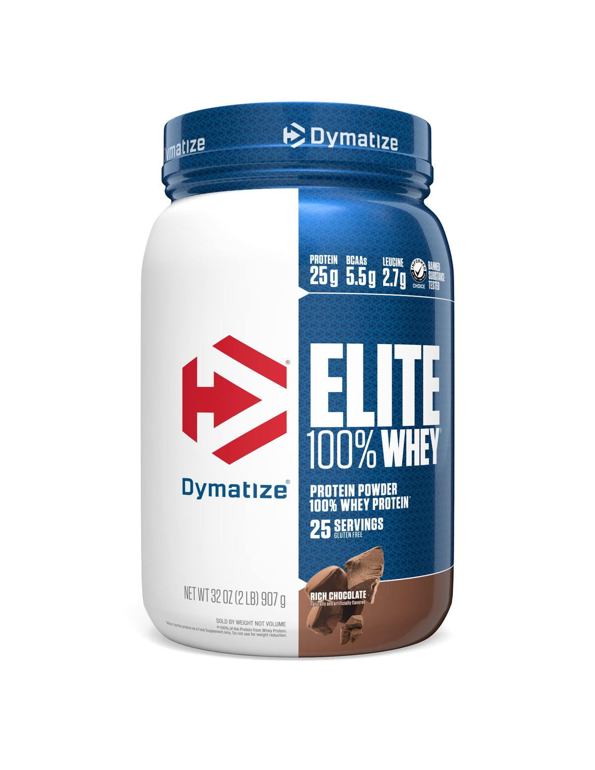Dymatize Elite 100% Whey Chocolate canister ready for use.