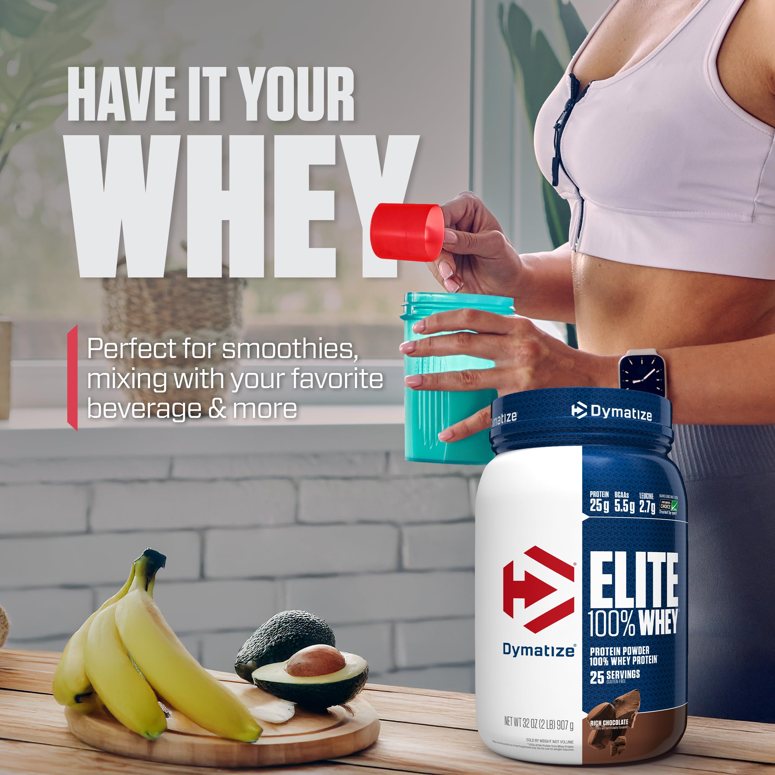 Close-up of Dymatize Elite 100% Whey Chocolate label.