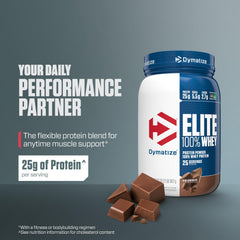 Scoop of Dymatize Elite 100% Whey Chocolate close-up.