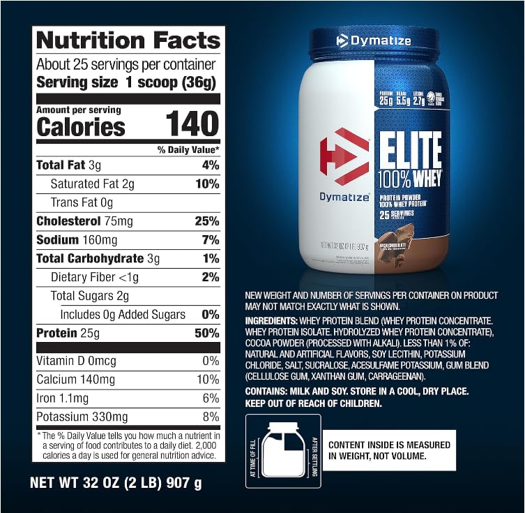 Glass with ready-to-drink Dymatize Elite 100% Whey Chocolate shake.