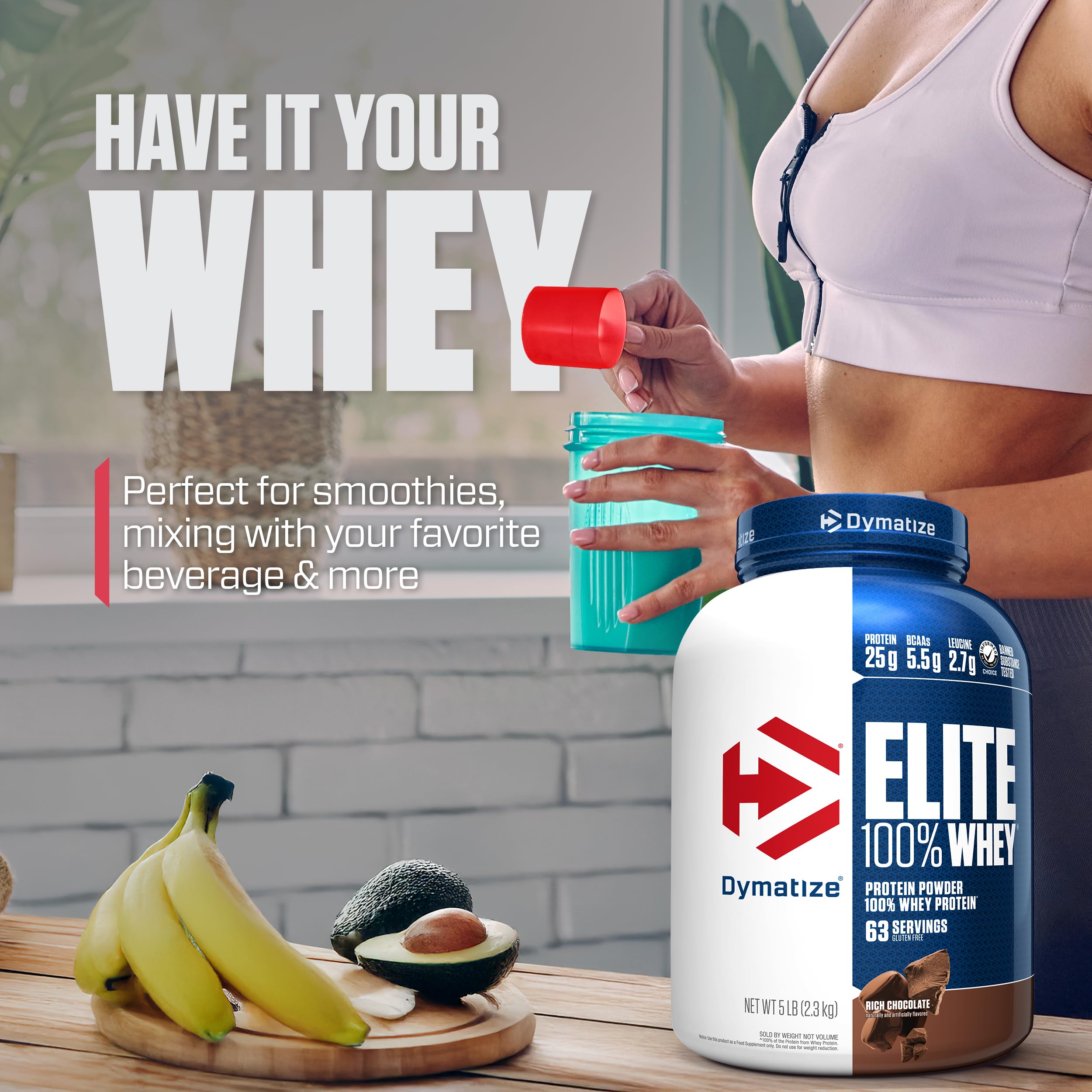 Dymatize Elite 100% Whey protein shake after workout.