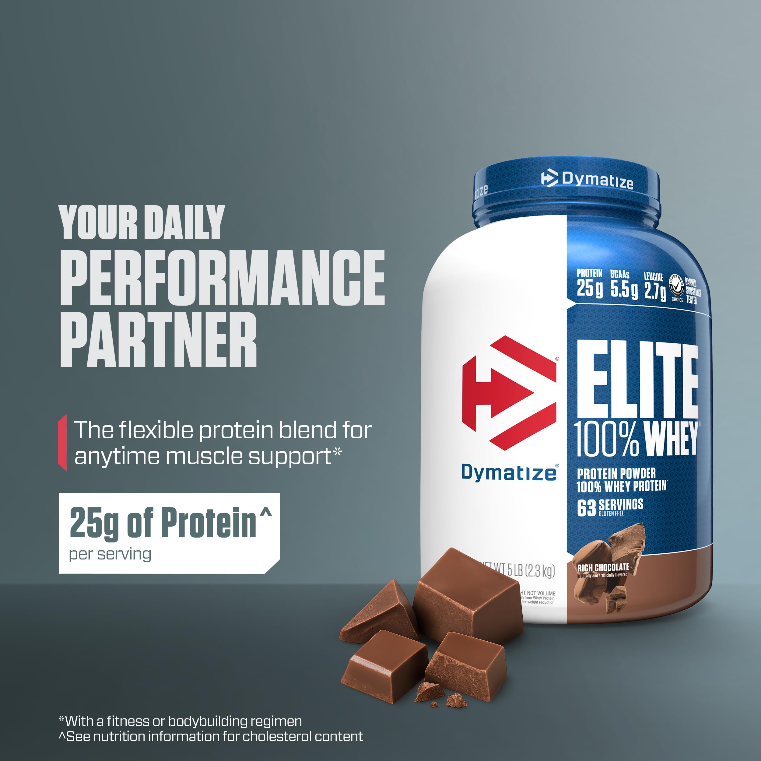 Dymatize Elite 100% Whey Protein scoop and shaker for convenient dosing.
