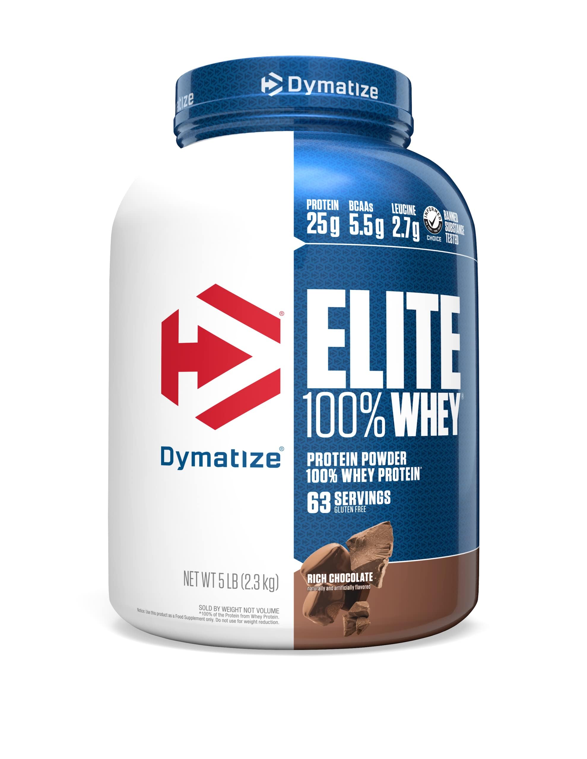 Dymatize Elite 100% Whey Protein Powder tub for high-protein intake.