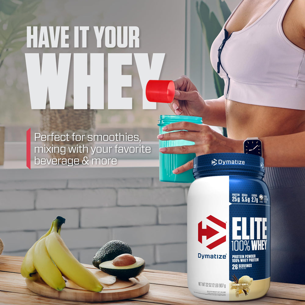 Dymatize Elite Whey packaging highlights Made in USA quality.