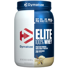 Dymatize Elite Whey Vanilla powder tub for quick protein intake.