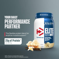 Dymatize Elite Whey Vanilla shake being poured after a workout.
