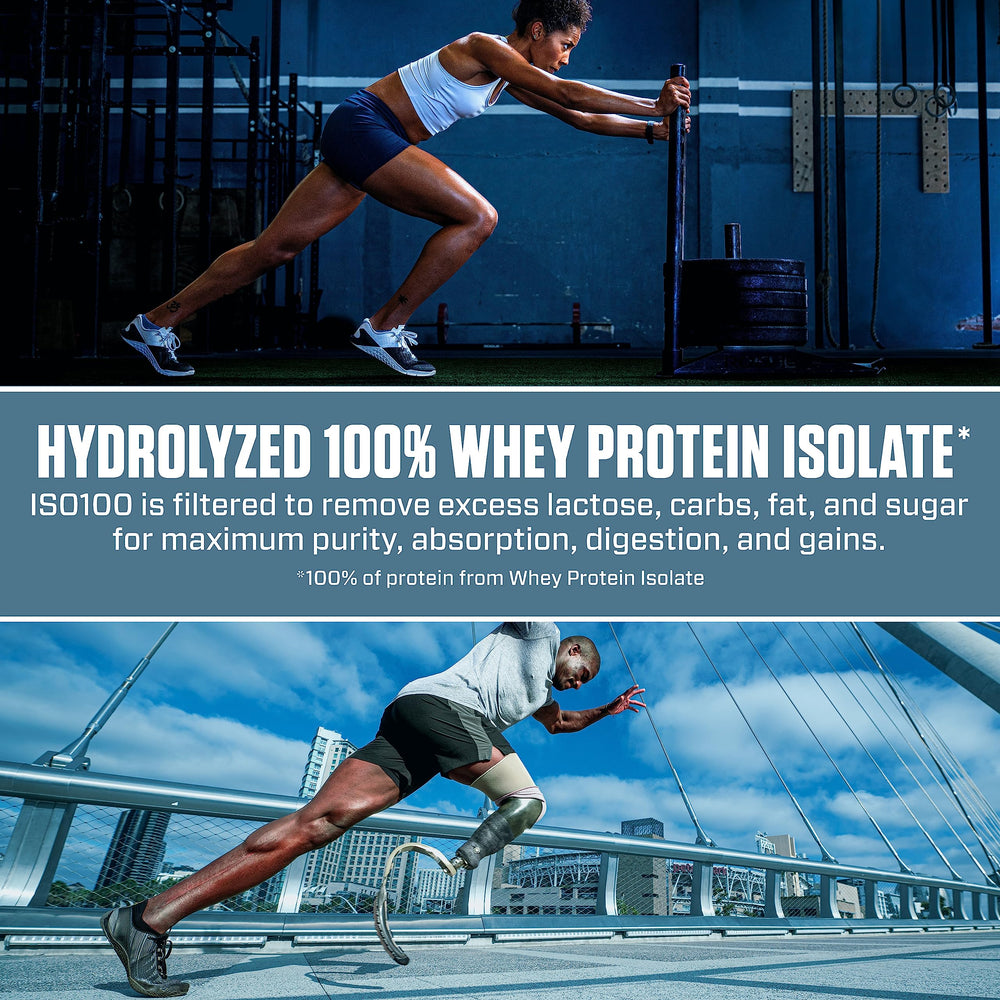 Dymatize ISO100 Birthday Cake Pebbles jar shows serving count and macros.