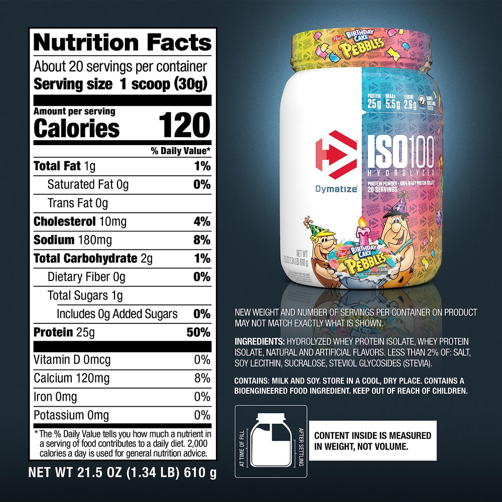 Dymatize ISO100 Birthday Cake Pebbles glass shake in a refreshing drink.