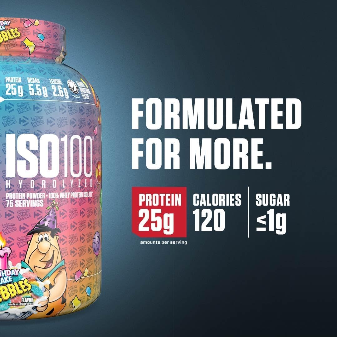 Dymatize ISO100 Birthday Cake Pebbles powder highlights premium whey isolate for quick digestion.