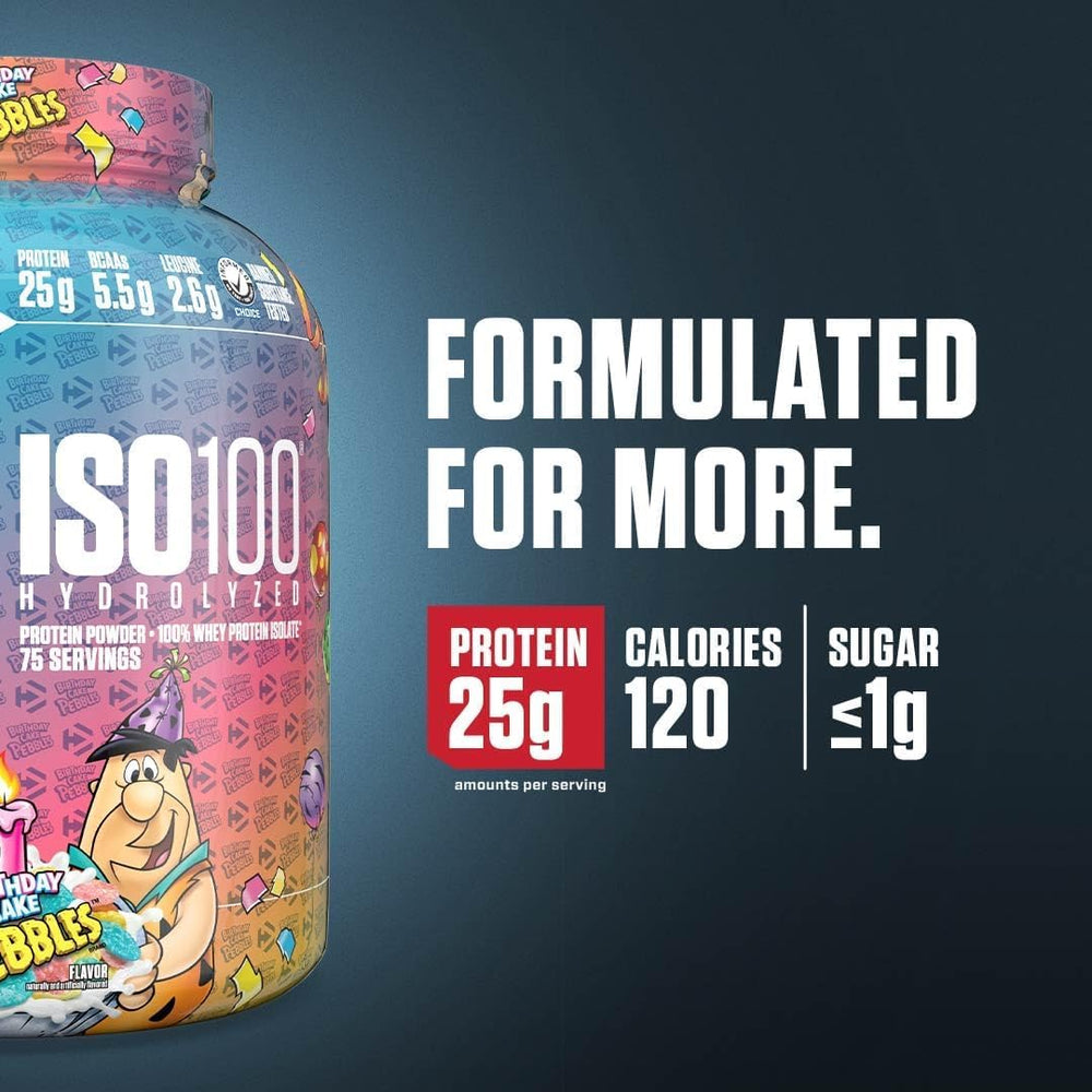 Dymatize ISO100 Birthday Cake Pebbles powder highlights premium whey isolate for quick digestion.