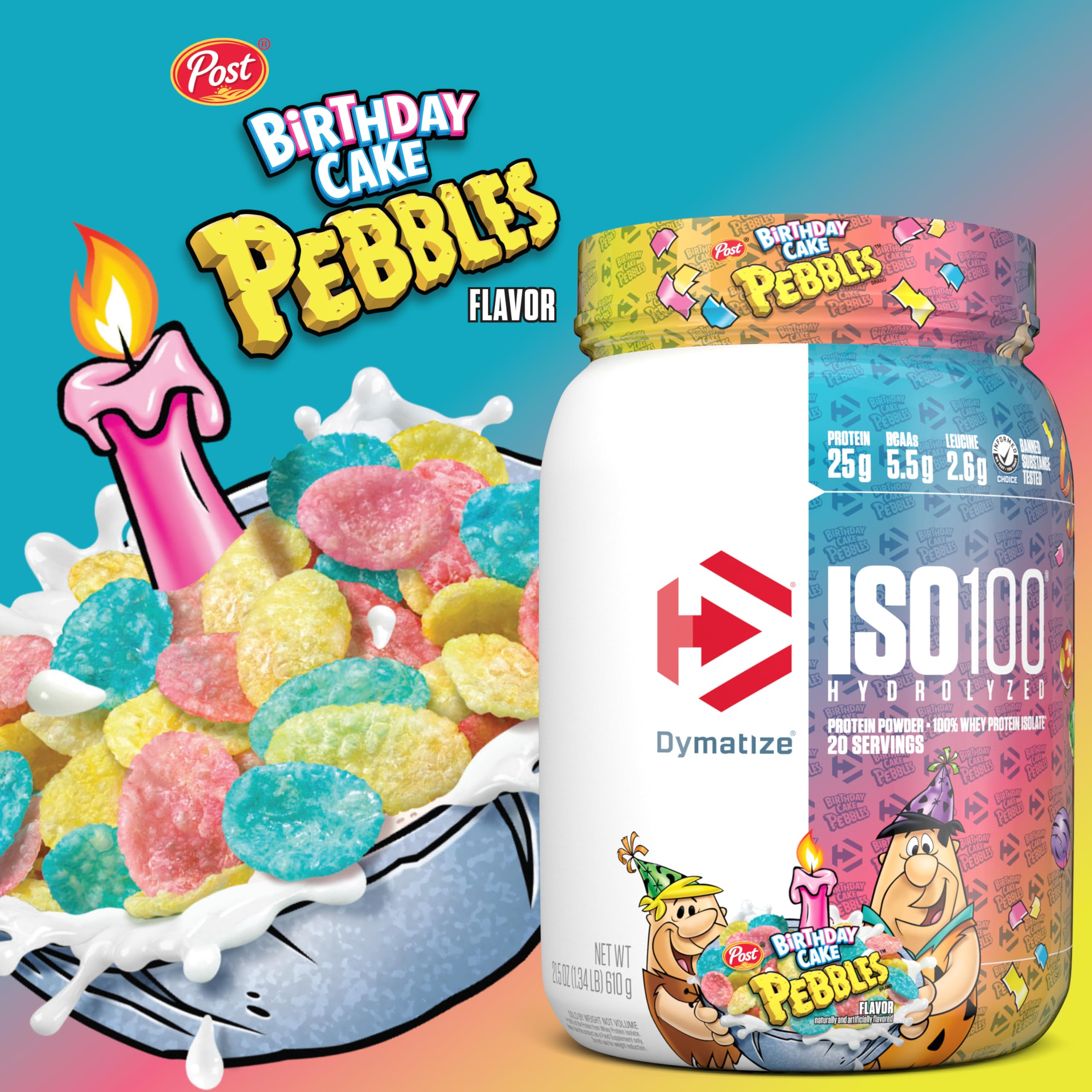 Dymatize ISO100 Birthday Cake Pebbles scoop ready to mix into a shake.