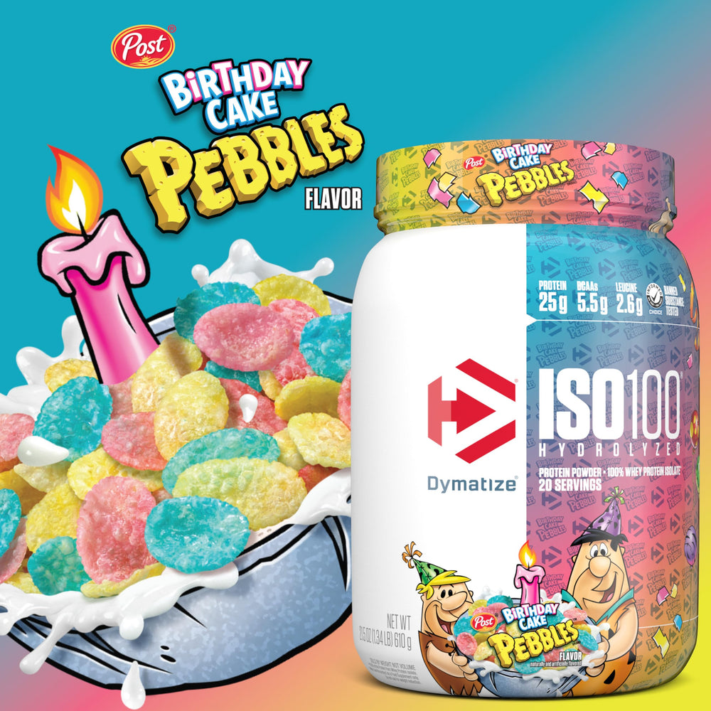 Dymatize ISO100 Birthday Cake Pebbles scoop ready to mix into a shake.