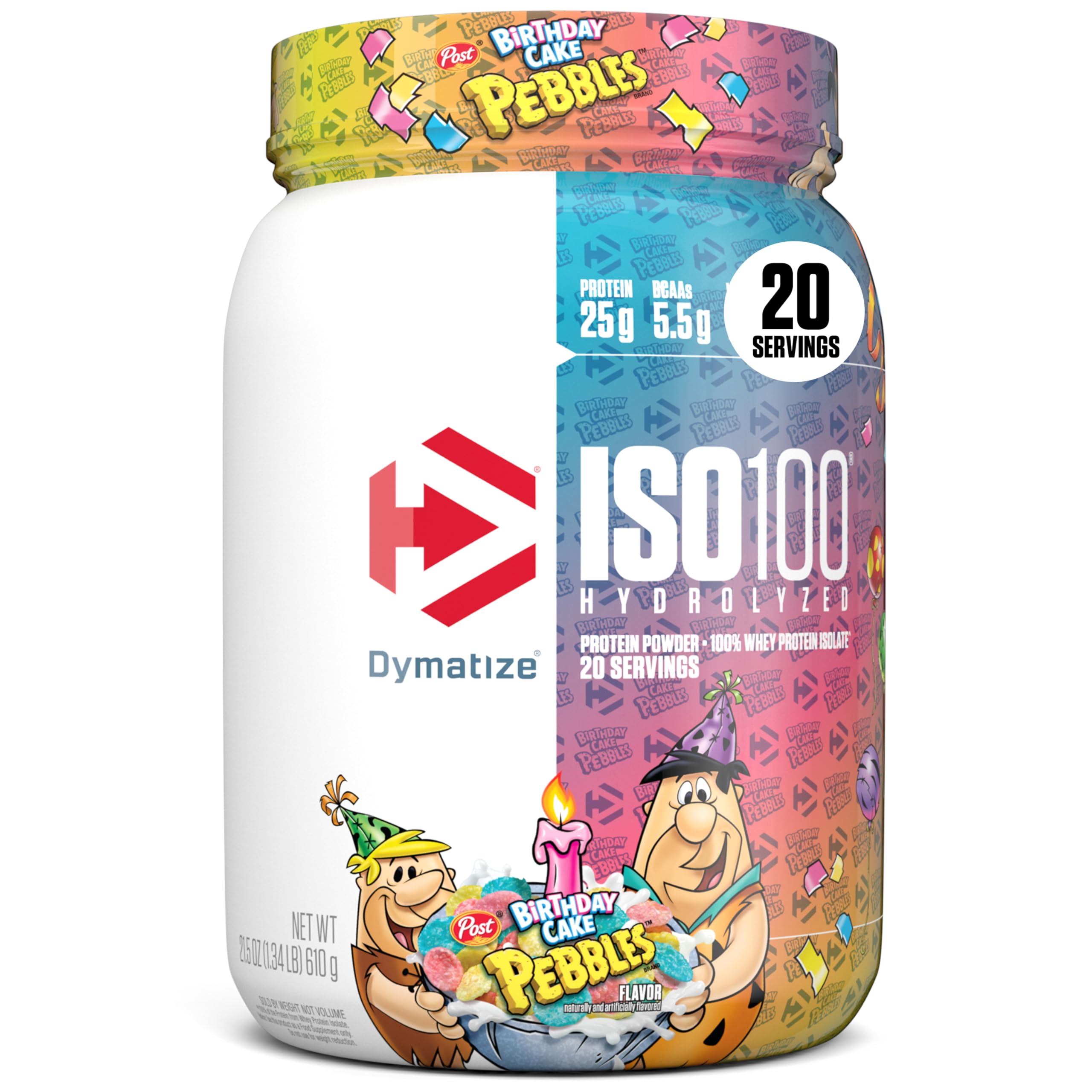 Dymatize ISO100 Birthday Cake Pebbles tub shows fast-absorbing protein for post-workout fueling.
