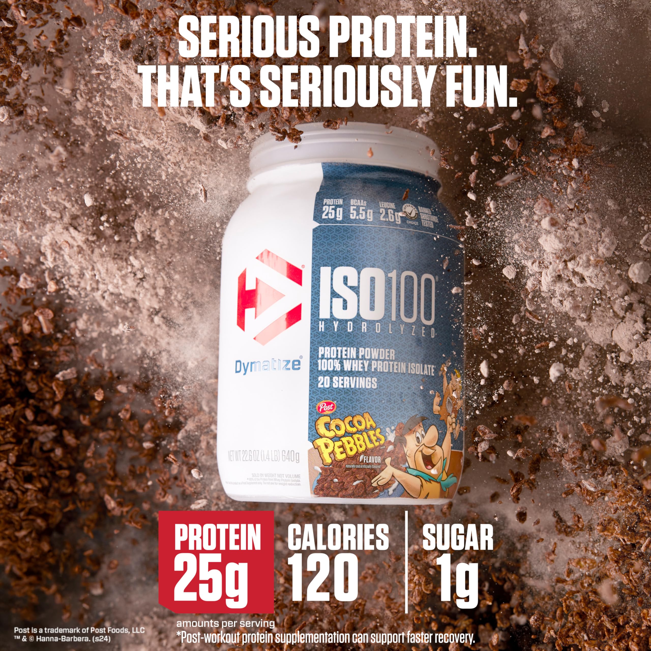 Dymatize ISO100 Cocoa Pebbles shaker ready for a quick gluten-free recovery shake.