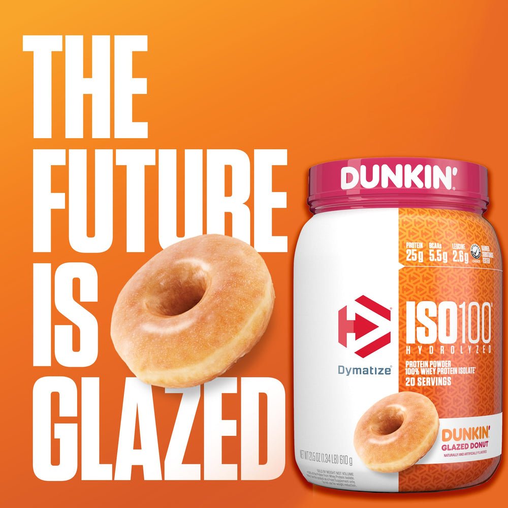 Dymatize ISO100 Dunkin Glazed Donut scoop measures fast-digesting protein