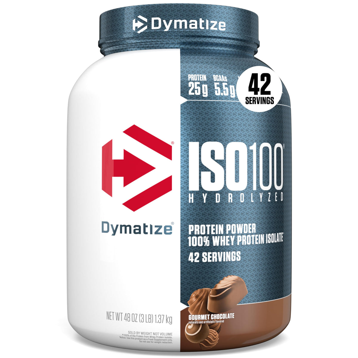 Dymatize ISO100 Gourmet Chocolate tub front for fast-absorbing protein and muscle-supporting fuel.