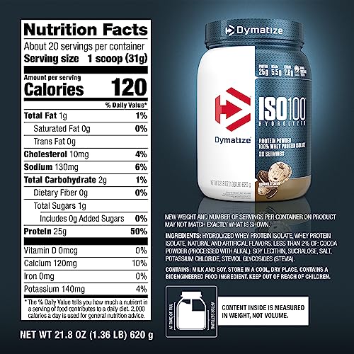 Dymatize ISO100 multi-serve tub on table for convenient daily protein supplementation.