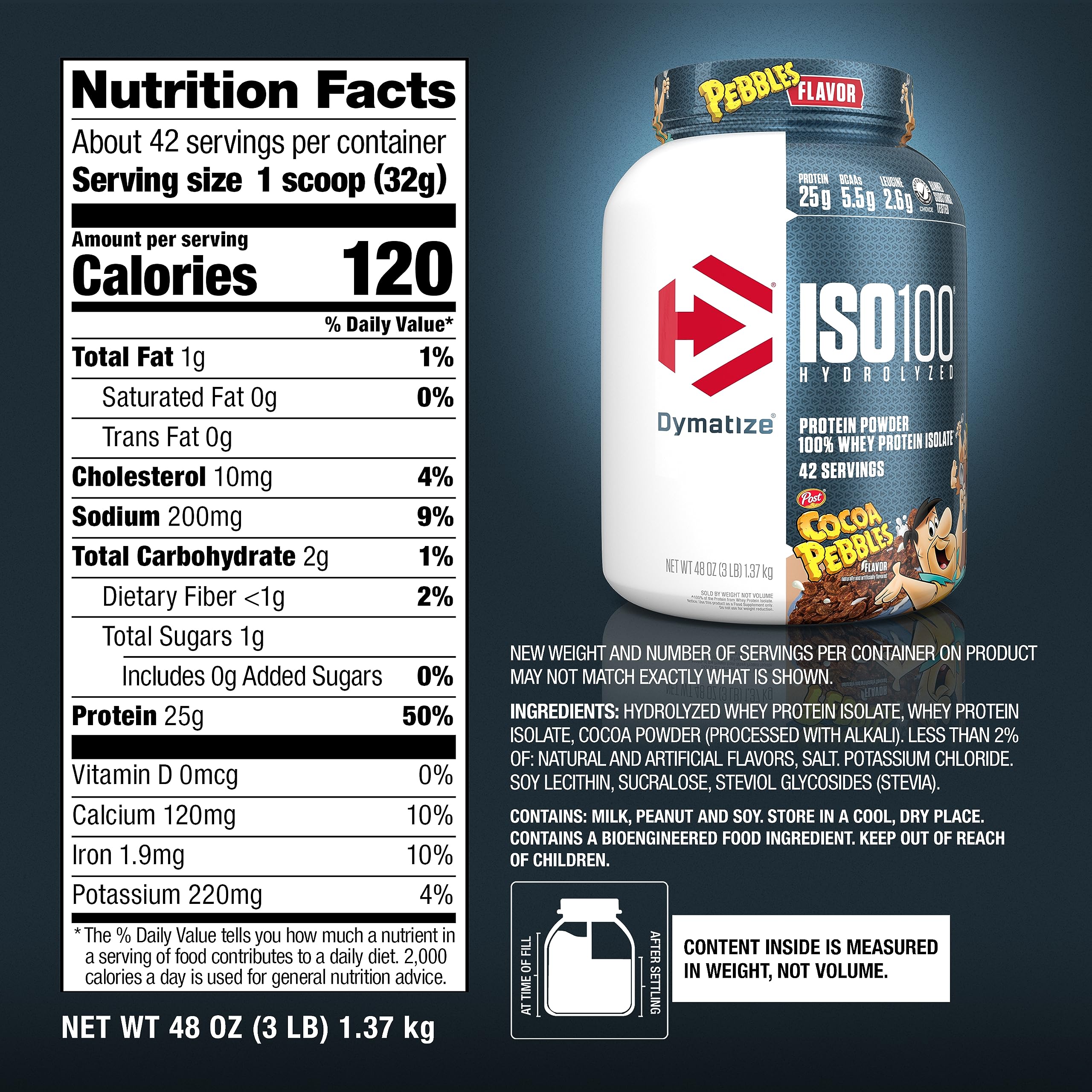 Dymatize ISO100 powder bag dispense shows convenient serving control for workouts.