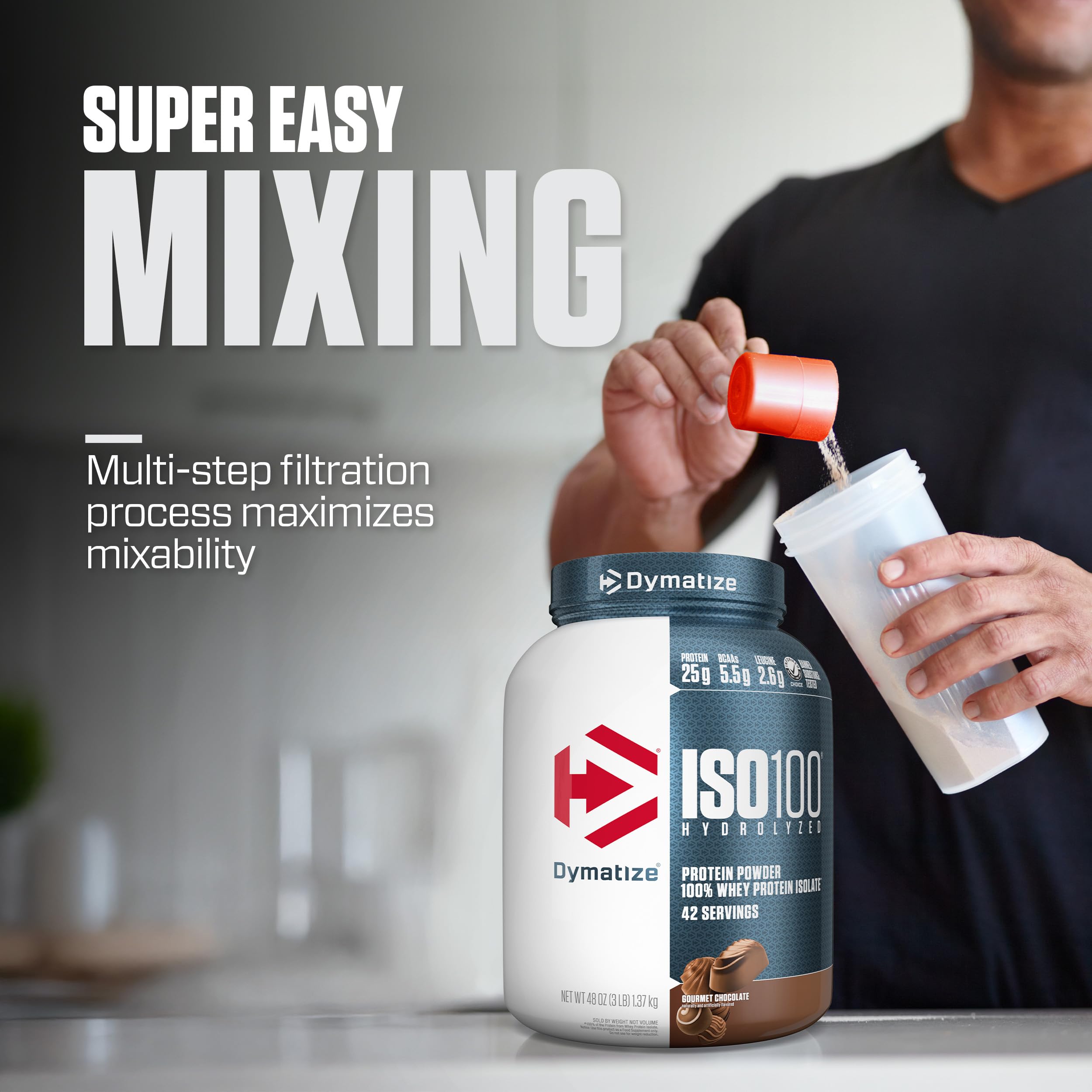 Dymatize ISO100 protein shake being poured for smooth mixability and great taste.