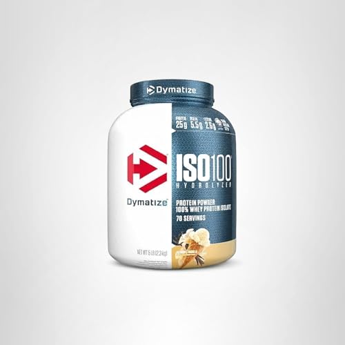 Dymatize ISO100 USA-made stamp on packaging indicating quality standards.