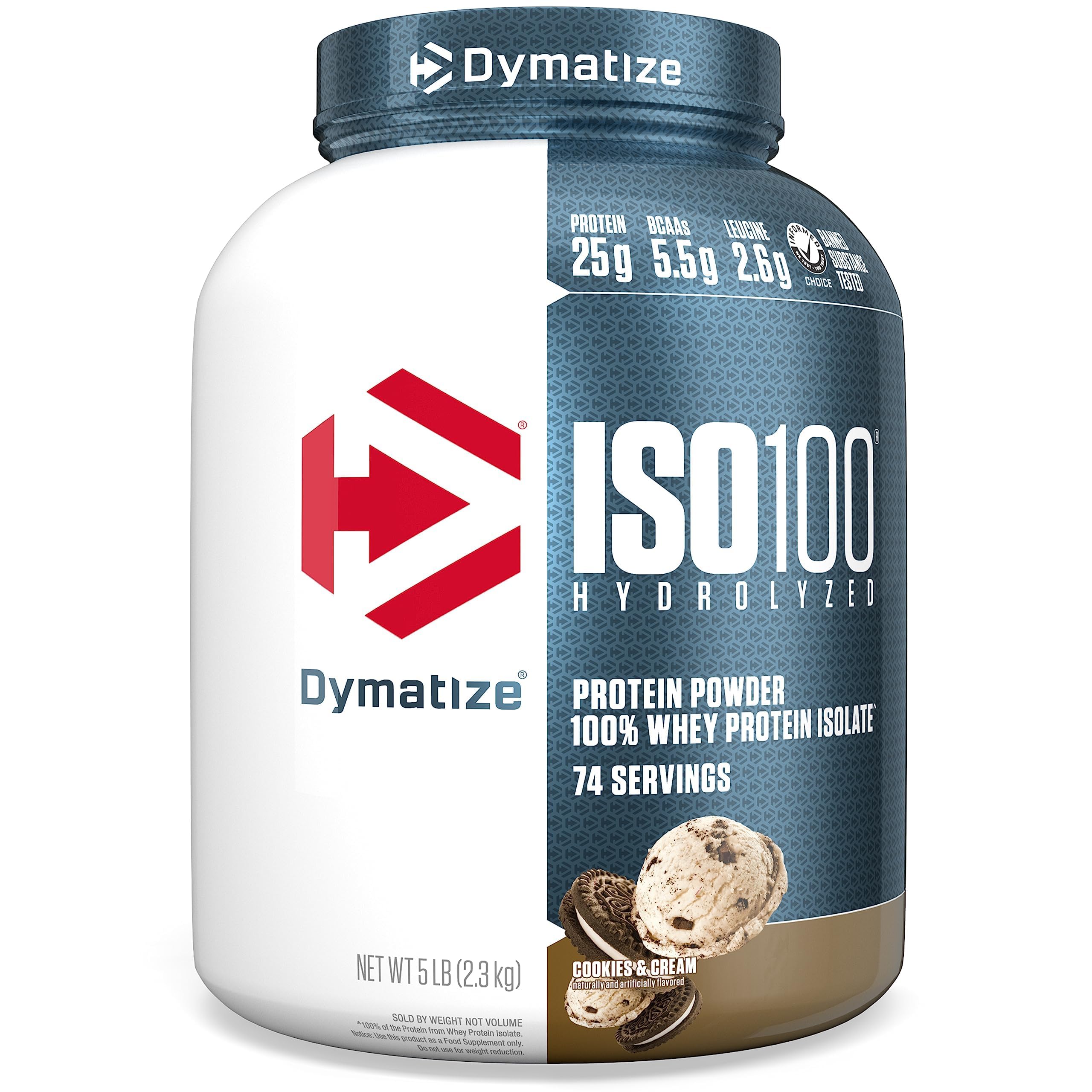 Dymatize ISO100 cookies and cream tub with high-protein label