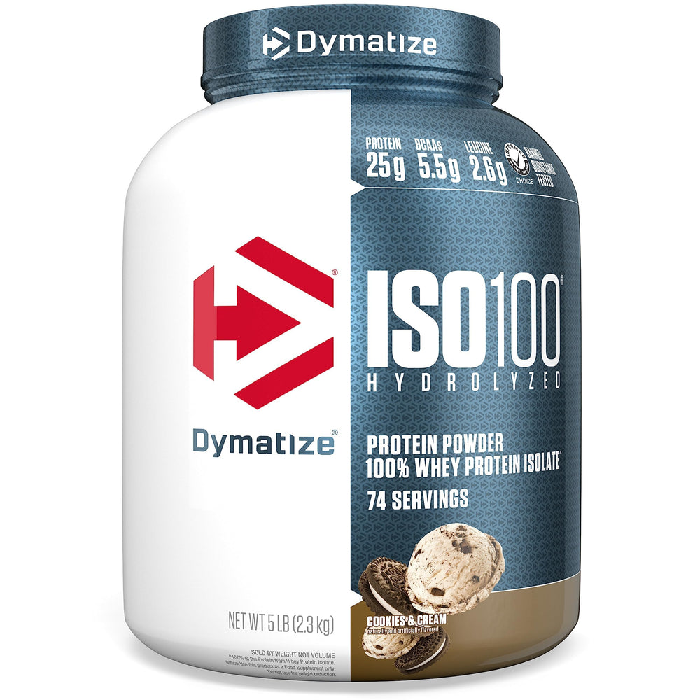 Dymatize ISO100 cookies and cream tub with high-protein label