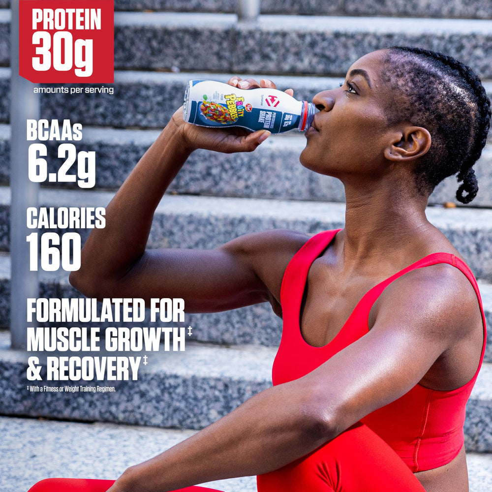 Dymatize Fruity Pebbles gluten-free label indicating dietary suitability