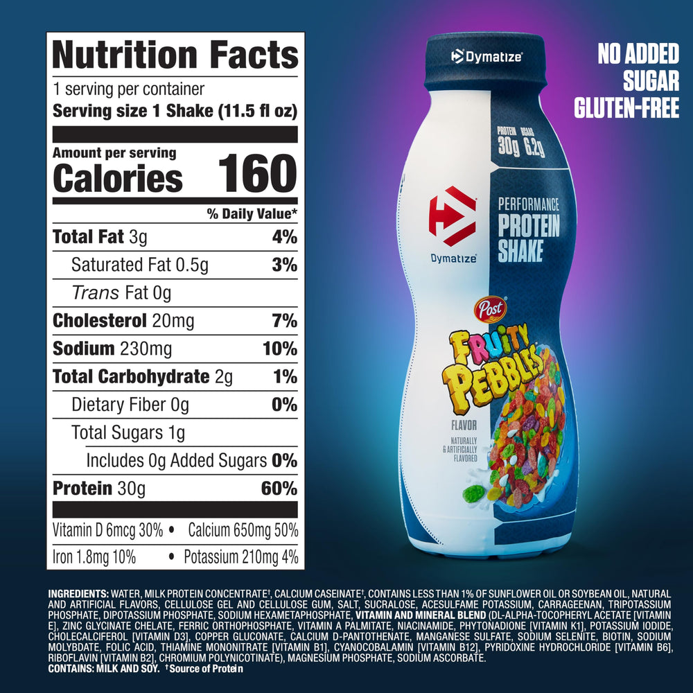 Dymatize Fruity Pebbles shake pour showing quick post-workout protein delivery
