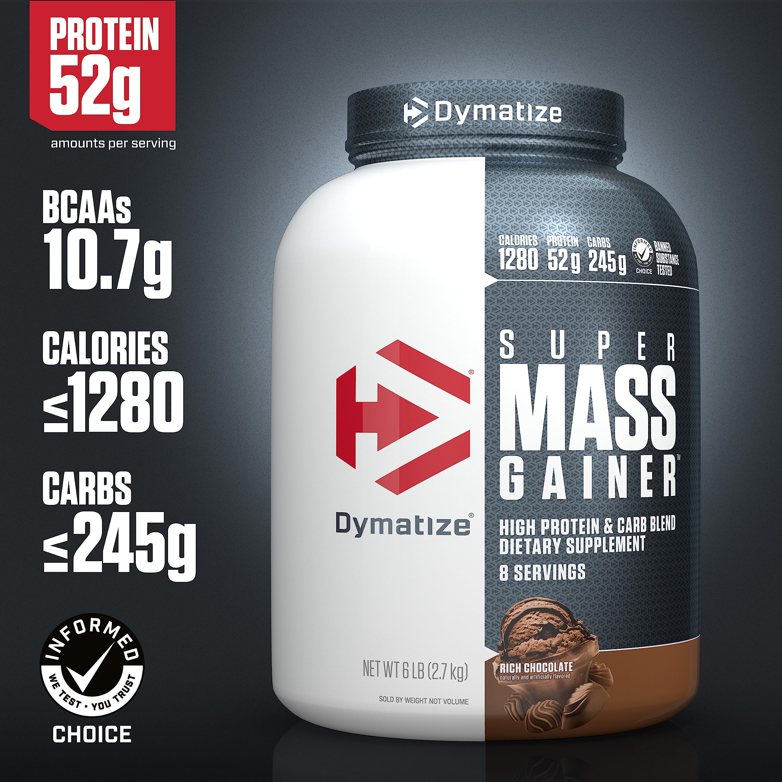 Dymatize Super Mass Gainer 52g protein per serving for muscle repair.