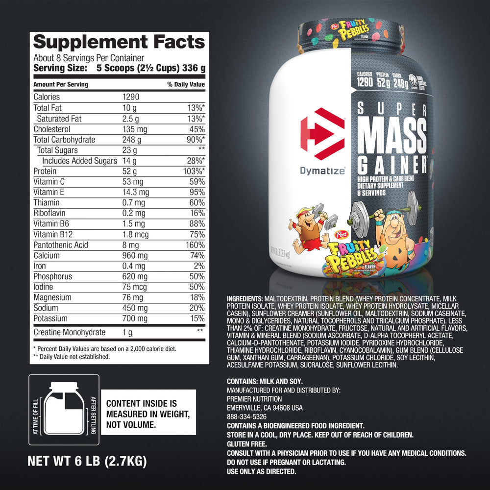 Dymatize Super Mass Gainer Fruity Pebbles colorful packaging stands out.