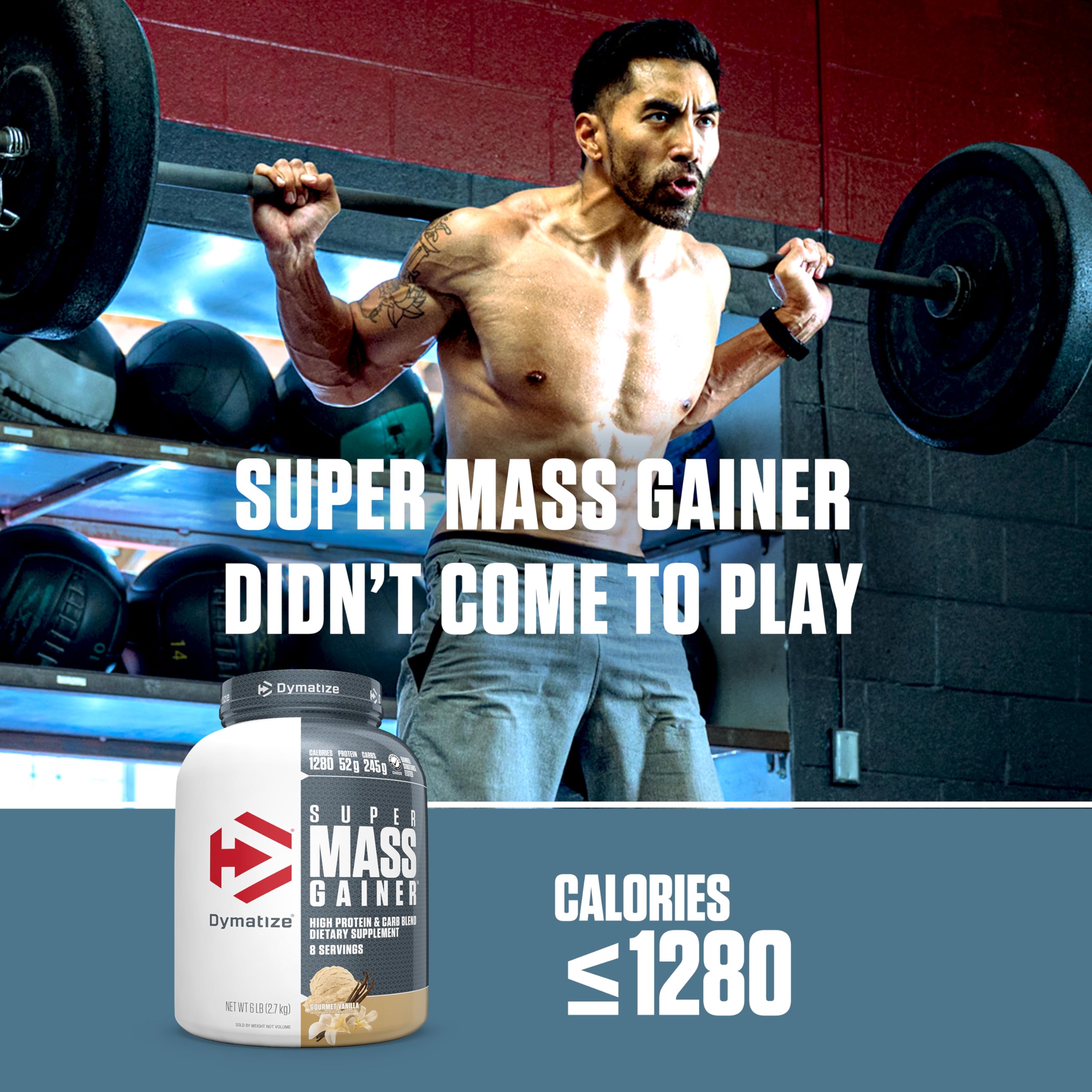 Dymatize Super Mass Gainer Fruity Pebbles label closeup showing ingredients.