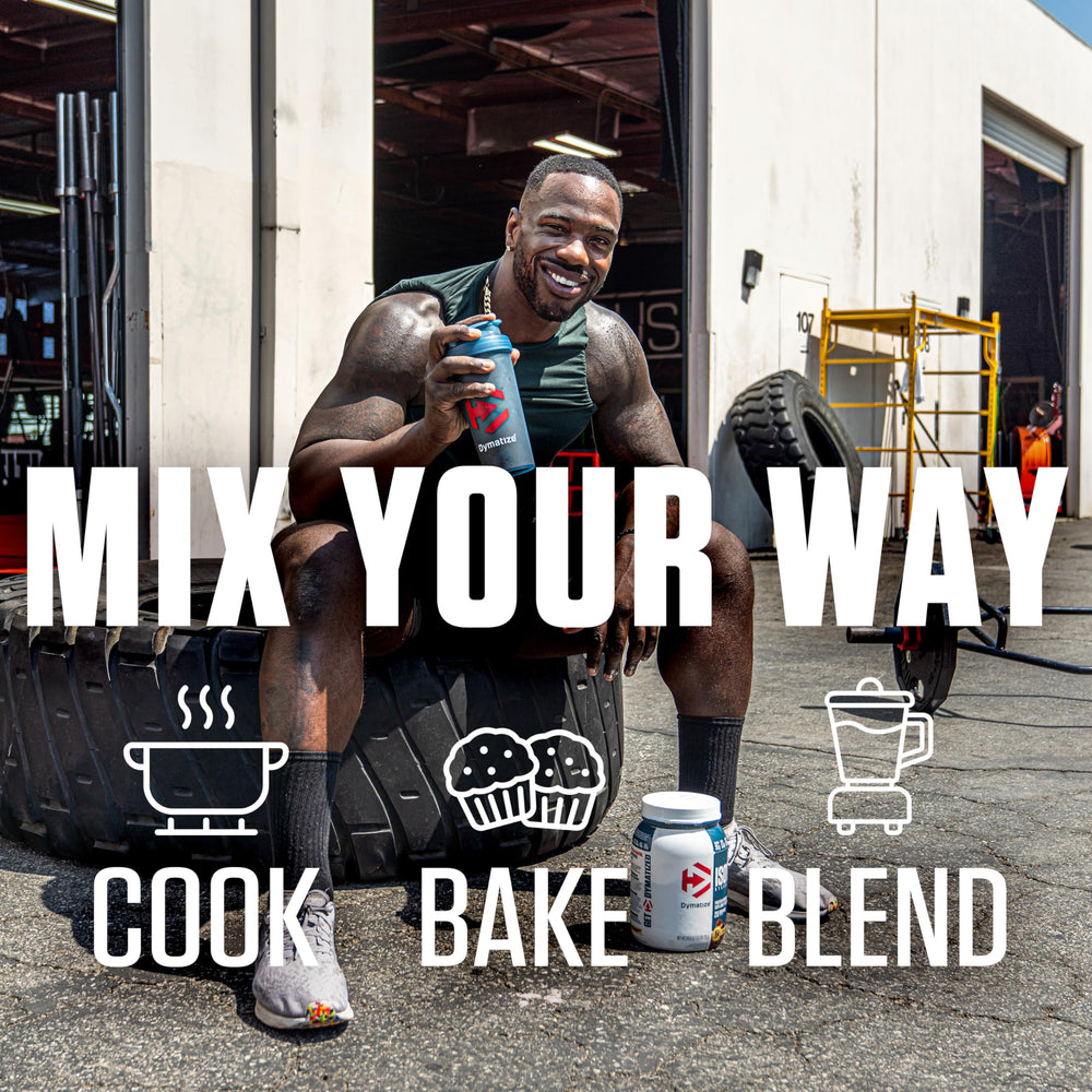 Dymatize Super Mass Gainer Fruity Pebbles mixing glass with pale shake.
