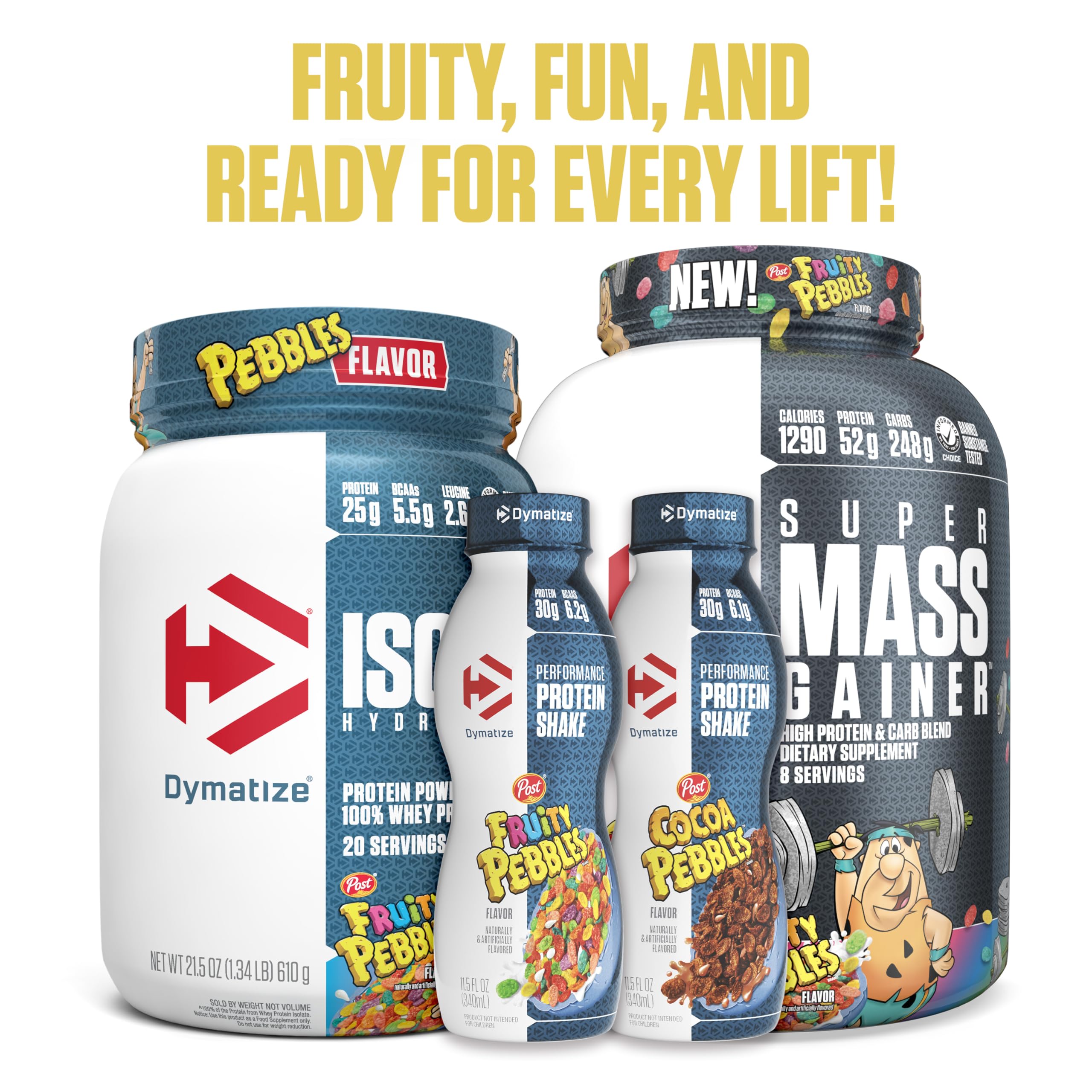 Dymatize Super Mass Gainer Fruity Pebbles nutrition panel highlights macros.