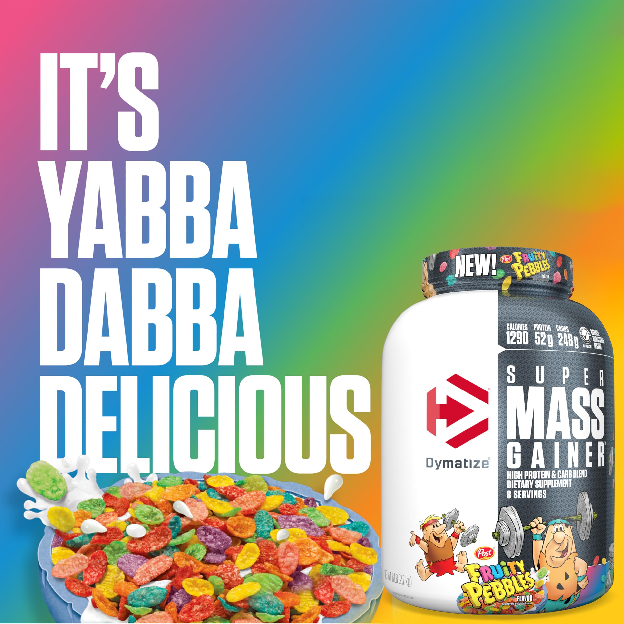 Dymatize Super Mass Gainer Fruity Pebbles powder pour indicating easy mixing.