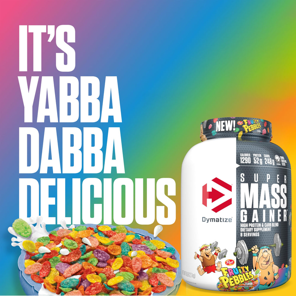 Dymatize Super Mass Gainer Fruity Pebbles powder pour indicating easy mixing.