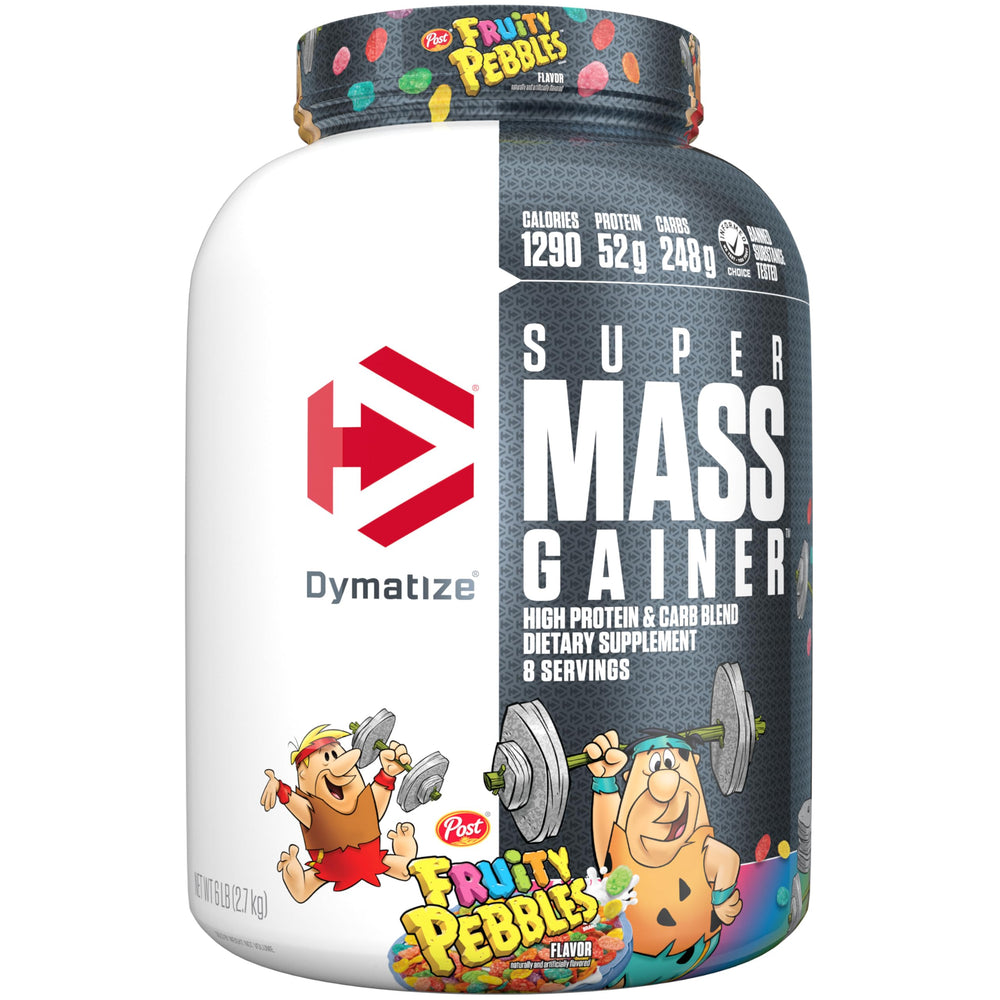 Dymatize Super Mass Gainer Fruity Pebbles tub for mass gain enthusiasts.